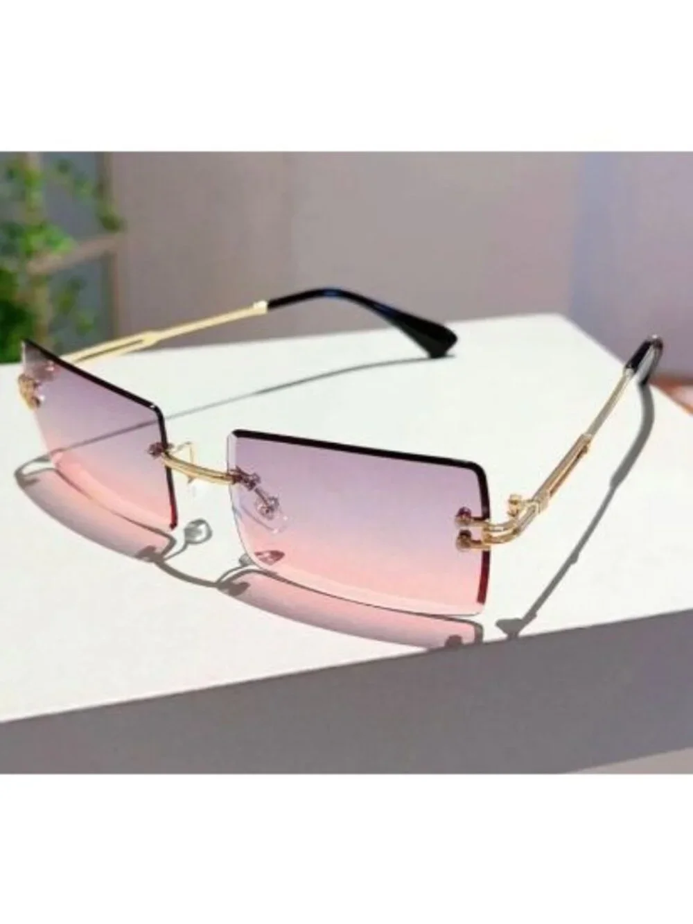 Rimless Rectangle Sunglasses Grey Pink Gradient Lenses Gold Tone Frame Y2K Retro